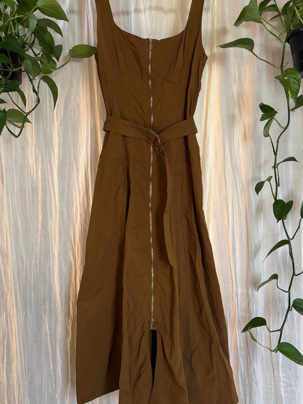 Anthropologie Brown Zip-Front Belted Midi Dress - Picture 2 of 6